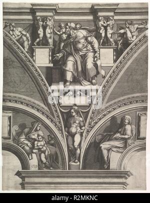 Il profeta Ezechiele; dalla serie di profeti e sibille nella Cappella Sistina. Artista: dopo Michelangelo Buonarroti (italiano, Caprese 1475-1564 Roma); Giorgio Ghisi (italiano, Mantova ca. 1520-1582 Mantova). Dimensioni: Foglio (rifilati): 22 1/8 × 17 1/8 in. (56,2 × 43,5 cm). Editore: Nicolaus Van Aelst (fiammingo, Bruxelles Roma 1526-1613). Data: 1570-75. Museo: Metropolitan Museum of Art di New York, Stati Uniti d'America. Foto Stock