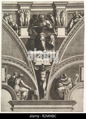 Il profeta Gioele; dalla serie di profeti e sibille nella Cappella Sistina. Artista: dopo Michelangelo Buonarroti (italiano, Caprese 1475-1564 Roma); Giorgio Ghisi (italiano, Mantova ca. 1520-1582 Mantova). Dimensioni: Foglio (rifilati): 22 5/16 × 16 11/16 in. (56,7 × 42,4 cm). Editore: Pietro Facchetti (italiano, Mantova Roma 1535-1619). Data: 1570-75. Come spiegato da Boorsch (Boorsch, Lewis e Lewis 1985, p. 164) le date del 1540 e 1549 incisa su alcune delle piastre dalla serie è false. Le piastre dovrebbe piuttosto essere datata ai primi 1570s. Museo: Metropolitan Museum of Art di New Foto Stock