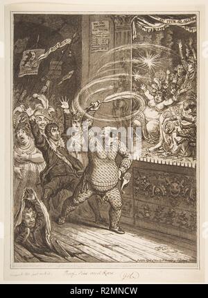 Soffiando la Pic-Nic's;-o-Arlecchino Chisciotte attaccando le marionette, vide Tottenham Street pantomime. Artista: James Gillray (British, Chelsea 1756-1815 Londra). Dimensioni: (foglio ritagliato impressione, intarsiato): 13 3/4 x 10 1/16 in. (34,9 x 25,6 cm). Editore: Hannah Humphrey (Londra). Data: Aprile 2, 1802. Museo: Metropolitan Museum of Art di New York, Stati Uniti d'America. Foto Stock