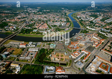 La Frauenkirche, Zwinger, Taschenbergpalais, Semperoper di Dresda, Cattedrale, Hilton Dresden, Kulturpalast, Elba shore, ELBA Elba loop, vista aerea, Freiberger Straße, Dresda, Sassonia, Germania, Europa Foto Stock