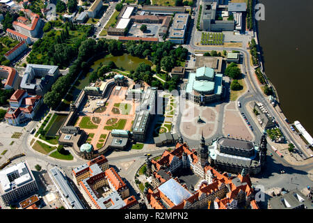 La Frauenkirche, Zwinger, Taschenbergpalais, Semperoper di Dresda, Cattedrale, Hilton Dresden, Kulturpalast, Elba shore, ELBA Elba loop, vista aerea, Wilsdruffer Straße 12, Dresda, Sassonia, Germania, Europa Foto Stock