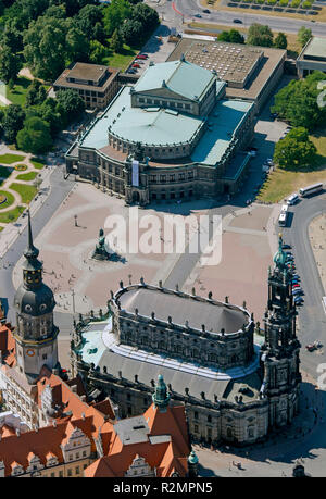 La Frauenkirche, Zwinger, Taschenbergpalais, Semperoper di Dresda, Cattedrale, Hilton Dresden, Kulturpalast, Elba shore, ELBA Elba loop, vista aerea, Pirnaischerplatz, Dresda, Sassonia, Germania, Europa Foto Stock