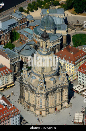 La Frauenkirche, Zwinger, Taschenbergpalais, Semperoper di Dresda, Cattedrale, Hilton Dresden, Kulturpalast, Elba shore, ELBA Elba loop, vista aerea, Seilergasse 1, Dresda, Sassonia, Germania, Europa Foto Stock