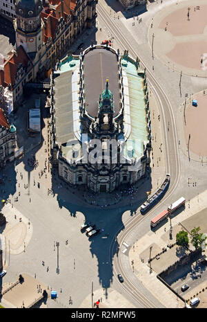 La Frauenkirche, Zwinger, Taschenbergpalais, Semperoper di Dresda, Cattedrale, Hilton Dresden, Kulturpalast, Elba shore, ELBA Elba loop, vista aerea, Terrassenufer 2, Dresda, Sassonia, Germania, Europa Foto Stock