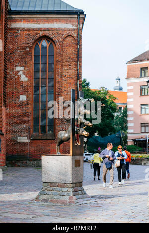 La scultura della città Musicanti di Brema. Riga, Lettonia, Paesi baltici, Europa. Foto Stock