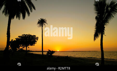 Arancione tramonto sul mare dietro palme, Isole Figi Foto Stock