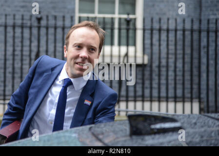 Londra, XX novembre 2018: Matt Hancock MP, Segretario di Stato per la salute non lascia10 Downing Street dopo per partecipare a una riunione del gabinetto. Credito: Claire Doherty/Alamy Live News Foto Stock