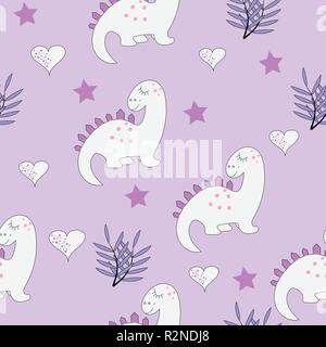 Funny baby dinosauro seamless pattern sul sfondo viola. Panno bambino design, sfondo, avvolgimento. Illustrazione Vettoriale. Illustrazione Vettoriale