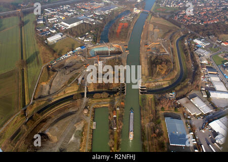 Vista aerea, Emscher, Emscherdüker / Emscher passaggio, Henrichenburg, Rhine-Herne canal, Castrop-Rauxel, la zona della Ruhr, Renania settentrionale-Vestfalia, Germania, Europa Foto Stock