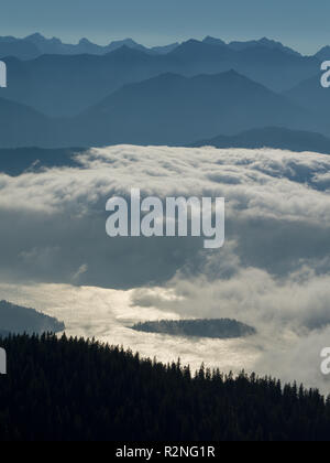 Panorama delle belle nuvole basse su laghi con montagne blu in background, alberi in primo piano Foto Stock