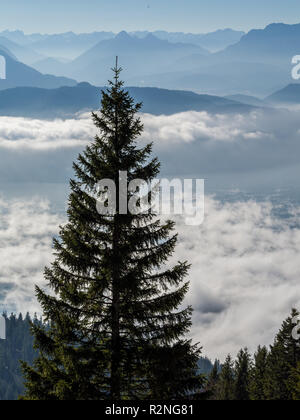 Panorama delle belle nuvole basse su laghi con montagne blu in background, alberi in primo piano Foto Stock