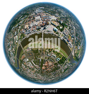 La Frauenkirche, Zwinger, Taschenbergpalais, Semperoper di Dresda, Cattedrale, Hilton Dresden, Kulturpalast, Elba shore, ELBA Elba loop, vista aerea, Ponte di Augusto, Dresda, Sassonia, Germania, Europa, fisheye, obiettivo fisheye, rotondo Foto Stock