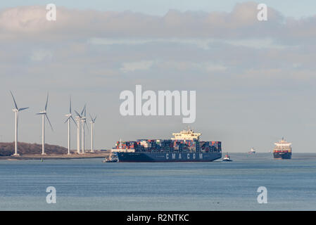 ROTTERDAM, Paesi Bassi - 29 febbraio 2016: navi portacontainer arrivano dal mare del Nord al Maasvlakte, porto di Rotterdam il 28 febbraio 2016. Foto Stock