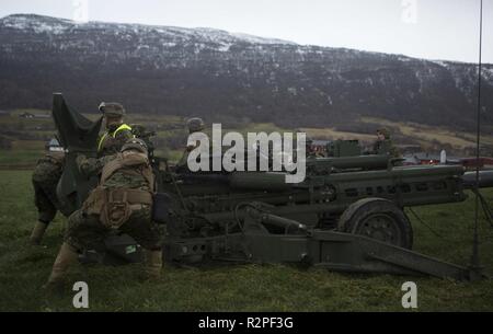 Stati Uniti Marine Cpl. Juan Santillan, un ammo tech con Echo batteria, 2° Battaglione, decimo reggimento Marine, seconda divisione Marine, fornisce la sicurezza per i Marines, con l'unità, come essi prep per nozionale missioni antincendio per il supporto di operazioni offensive durante l'esercizio Trident frangente 18, vicino a Oppdal, Norvegia, nov. 1, 2018. Trident frangente 18 dimostra II Marine Expeditionary costringe la possibilità di distribuire, impiegano, e ridistribuire il Marine Air-Ground Task Force migliorando al contempo l'interoperabilità con gli alleati della NATO e partner. Foto Stock