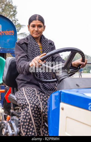 Angadihalli, Karnataka, India - 2 Novembre 2013: primo piano della giovane donna Indù in marine vestito blu aziona un trattore blu tirando la trebbiatura di mais machi Foto Stock