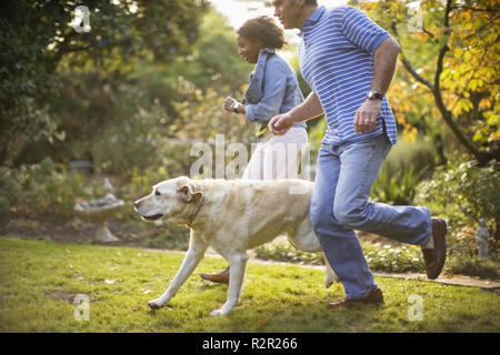 Coppia giovane che costeggia il loro cane nel loro back yard. Foto Stock