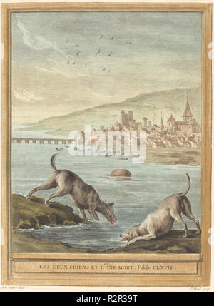 Les deux Chiens et l'ane mort (due cani e l'asino morto). Data: pubblicato 1756. Medium: colorata a mano in attacco. Museo: National Gallery of Art di Washington DC. Autore: Elie du Mesnil dopo Jean-Baptiste Oudry. Foto Stock