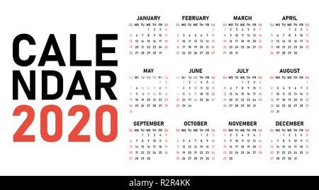 Calendario 2020 Template Design Illustrazione Vettoriale semplice e chiaro inizio settimana Domenica Illustrazione Vettoriale