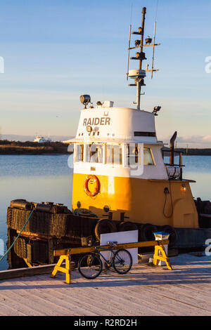 Piccolo rimorchiatore costiero imbottita con archetto di spinta alloggiato in Steveston, British Columbia Foto Stock