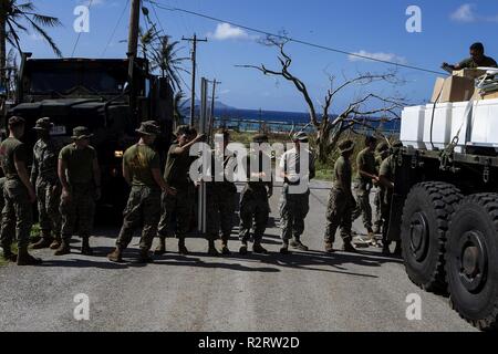 Marines con il combattimento il battaglione della logistica 31 lo scarico a 7 ton carrello dello scanner a superficie piana e offrendo al contempo U.S. Federal Emergency Management Agency-fornito rifugi di emergenza per i residenti di Tinian, Repubblica della Mariana Islands settentrionale, nov. 7, 2018. Marines e marinai con il trentunesimo Marine Expeditionary Unit e CLB-31 stanno aiutando gli enti locali e le autorità civili su Tinian per offrire FEMA rifugi per le famiglie colpite dal tifone Super Yutu, che ha colpito qui ott. 25 come la seconda più forte tempesta per sempre colpito suolo americano. Marines e marinai con il trentunesimo MEU e CLB-31 è arrivato su Tinian Ott. 29-31 al piombo Foto Stock