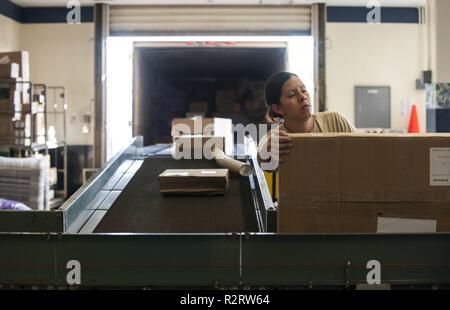 Stati Uniti Air Force Staff Sgt. Valerie Groupp, Pacific Air Forces aria squadrone postali distacco 3 supervisore postale, ordina pacchetti a Kadena Air Base, Giappone, nov. 5, 2018. Ai lavoratori del settore postale da Det 3 fare due a quattro viaggi al giorno per ritirare la posta da Naha Air Base durante la stagione delle vacanze. Foto Stock