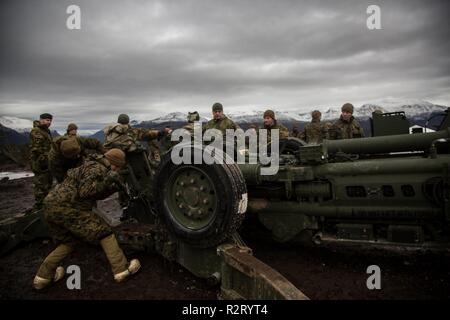 Stati Uniti Marine Corps Lt. Gen. Robert F. Hedelund, il II MEF comandante generale, Briga. Gen. Stephen Neary, la seconda barra MEB comandante generale e il Mag. Gen. Odin Johannessen, il capo del personale dell'esercito norvegese, visitare il sito Web U.S. Marines con Marine Force-Europe rotazionale 19.1 (MRF-E) durante l'esercizio dello schermo del Nord a Setermoen, Norvegia, nov. 4, 2018. Gli illustri visitatori ricevuti in prima persona la comprensione sulla formazione i Marines che stavano ricevendo così come la costruzione di entusiasmo durante i ranghi. Schermata del nord è un accordo bilaterale in materia di esercizio che coinvolge il corpo della marina degli Stati Uniti' MRF-E e Norwe Foto Stock
