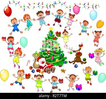 Gioiosi figlioli e Santa vicino a un albero di Natale. Santa, cervi e i bambini festeggiano il Natale. Un gruppo di bambini con doni. Illustrazione Vettoriale