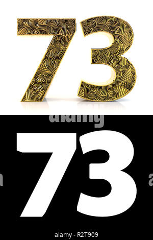 Numero aureo settanta-tre (73 anni) su sfondo bianco con pattern style Zentangle, ombra e canale alfa. 3D'illustrazione. Foto Stock