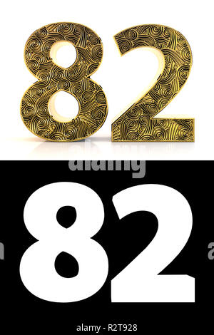 Numero aureo ottanta-due (82 anni) su sfondo bianco con pattern style Zentangle, ombra e canale alfa. 3D'illustrazione. Foto Stock