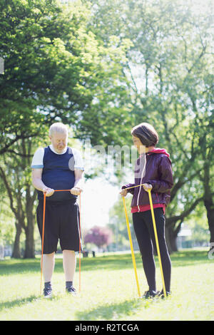 Attivo coppia senior esercitando, stretching con bande di resistenza nel soleggiato parco Foto Stock