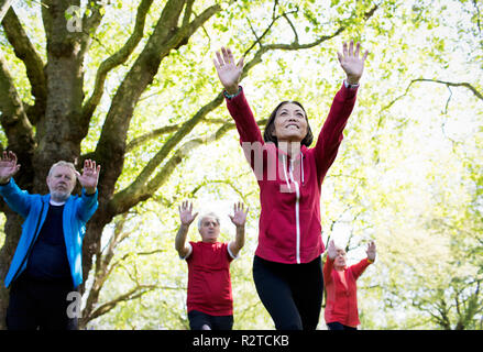 Senior a praticare il tai chi nel parco Foto Stock