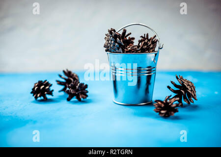 Natale decorativi composizione isolata su sfondo blu.PIGNE in un secchio di metallo.decorazione per la stagione di Natale.per bambini progetto d'arte. Concetto di DIY. Concetto interno. Foto Stock