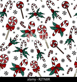 Natale pattern senza soluzione di continuità con la caramella canne e lollipop. Disegnata a mano in stile scarabocchio. Illustrazione Vettoriale. Isolato su sfondo bianco. Perfetto per avvolgere carta, carta da parati, stampa di tessuto Illustrazione Vettoriale