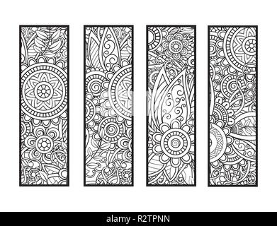 Set di quattro segnalibri in bianco e nero. Doodle fiori e ornamenti per adulto libro da colorare. Illustrazione Vettoriale. Illustrazione Vettoriale