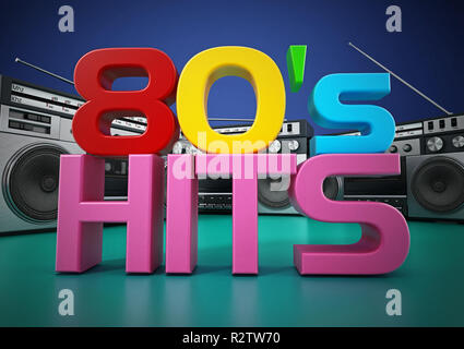 Vintage lettore di cassette e 80's hits testo. 3D'illustrazione. Foto Stock