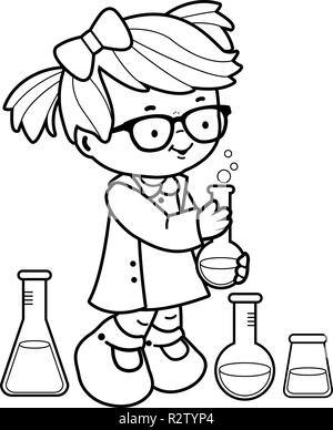 Studentessa in classe di chimica. Bambino che fa esperimenti scientifici. Pagina di colorazione vettoriale in bianco e nero. Illustrazione Vettoriale