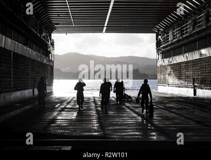 GUAM (nov. 11, 2018) marinai all'interno del pozzo del ponte della amphibious dock landing ship USS Ashland (LSD 48) preparare per Landing Craft, Utility (LCU) operazioni per ricevere le apparecchiature pesanti dalla nona missione comando di supporto, 411 Engineer brigata, Guam Esercito nazionale di protezione per la difesa a supporto delle Autorità civili (DSCA) gli sforzi. Marinai e Marines dalla Ashland, assegnato al comandante, squadrone anfibio 11, sono fornendo il Dipartimento della Difesa sostegno alla Repubblica della Mariana Islands settentrionale' civile e funzionari locali come parte del FEMA-supportato Typhoon Yutu gli sforzi di recupero. Foto Stock