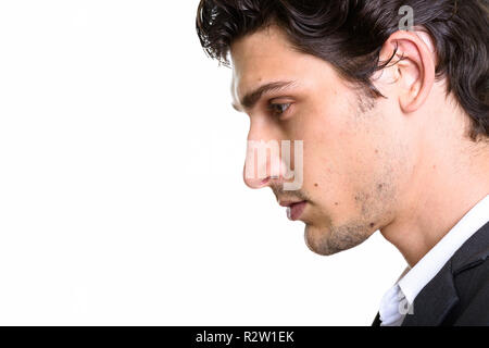 Vicino la vista di profilo del giovane imprenditore bello Foto Stock