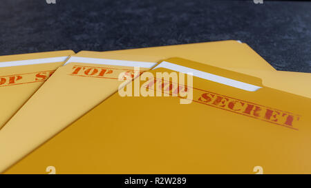 Diversi top secret file cartelle su una pietra scura sullo sfondo. 3D illustrazione Foto Stock