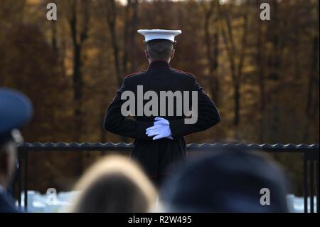 Un U.S. Marine Corps Lussemburgo Distaccamento Guardia di sicurezza si erge a parade resto al vertice di Lussemburgo il Cimitero Americano e Memorial, città di Lussemburgo, Lussemburgo, nov. 11, 2018. Americano e il Lussemburgo i cittadini riuniti per onorare i veterani giorno, che era anche il centesimo anniversario della fine della Seconda guerra mondiale I. cimitero serve come il luogo del riposo finale per 5,076 American service soci. Foto Stock