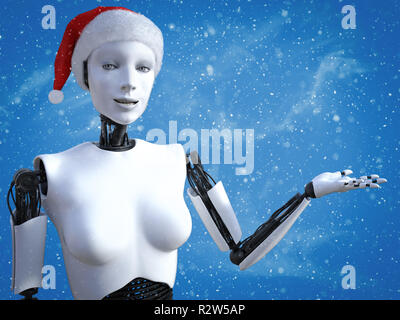 3D rendering di un robot femmina indossando un cappello da Babbo Natale in occasione della celebrazione del Natale. Blue sfondo colorato con neve nell'aria. Foto Stock
