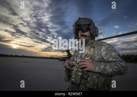 Stati Uniti Army Chief Warrant Officer 2 Albert Sbarro, un UH-60L Black Hawk pilota con il New Jersey e la Guardia Nazionale di distacco 2, Charlie Company, 1-171st supporto generale del battaglione di aviazione, si distingue per un ritratto su base comuneGuire-Dix Mc-Lakehurst, N.J., nov. 14, 2018. Foto Stock