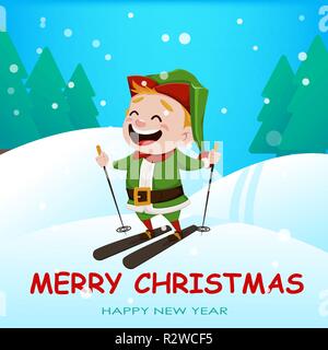 Natale biglietto di auguri. Divertente Babbo Natale elfo aiutante. Allegro personaggio dei fumetti di sci. Illustrazione Vettoriale con bosco invernale sullo sfondo Illustrazione Vettoriale