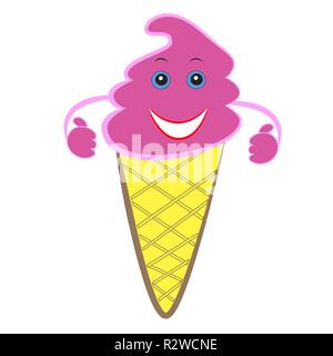 Cartoon gelato rosa in un disegno waffle Cup isolato sullo sfondo bianco. Illustrazione Vettoriale