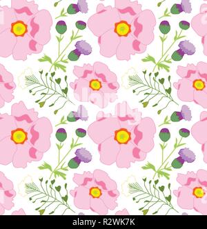 Vettore di Seamless pattern con rosa e fiori lilla, sfondo trasparente Illustrazione Vettoriale