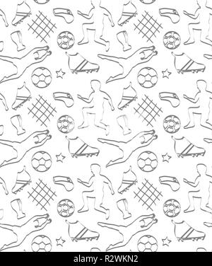 Vettore di Seamless pattern di calcio con stivali, sfere e giocatori, in bianco e nero illustrazione Illustrazione Vettoriale