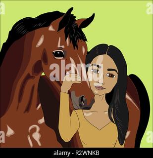Native American donna con cavallo, illustrazione vettoriale Illustrazione Vettoriale