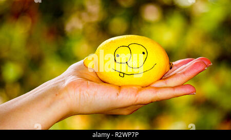 Organici di limone fresco nelle mani. Smiley face su il limone. Foto Stock