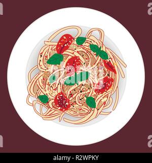 Pasta con lo spagetti, pomodori e basilico, illustrazione vettoriale Illustrazione Vettoriale
