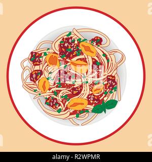 Pasta con lo spagetti, carne sause, i pomodori e le erbe, illustrazione vettoriale Illustrazione Vettoriale